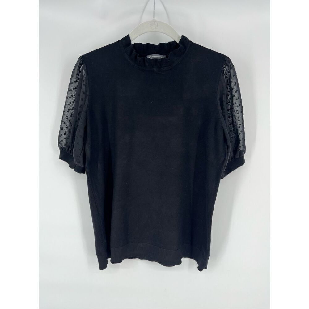 Adriana Papell Swiss Dot Sheer Sleeve Ruffle Neck Black Sweater Top Size Medium